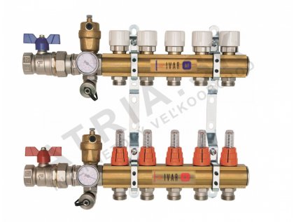 Zostava rozdeľovač/zberač - pre podlahové vykurovanie - bez skrine - 1"xEK; 5cestný; mosadz  IVAR.CS 553 VP