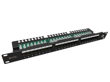 Solarix patch panel 24 x RJ45 CAT5E UTP s vyvaz. lištou černý 1U, SX24L-5E-UTP-BK-N