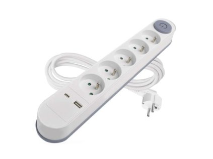 Predlžovací kábel 3 m / 5 zásuvky / s vypínačom / biely / 1×USB-A + 1×USB-C / 1,5 mm2