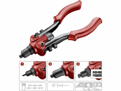 Kliešte nitovacie 3v1, nity 2,4-6,4mm, matice M3-M10, vystrihovanie